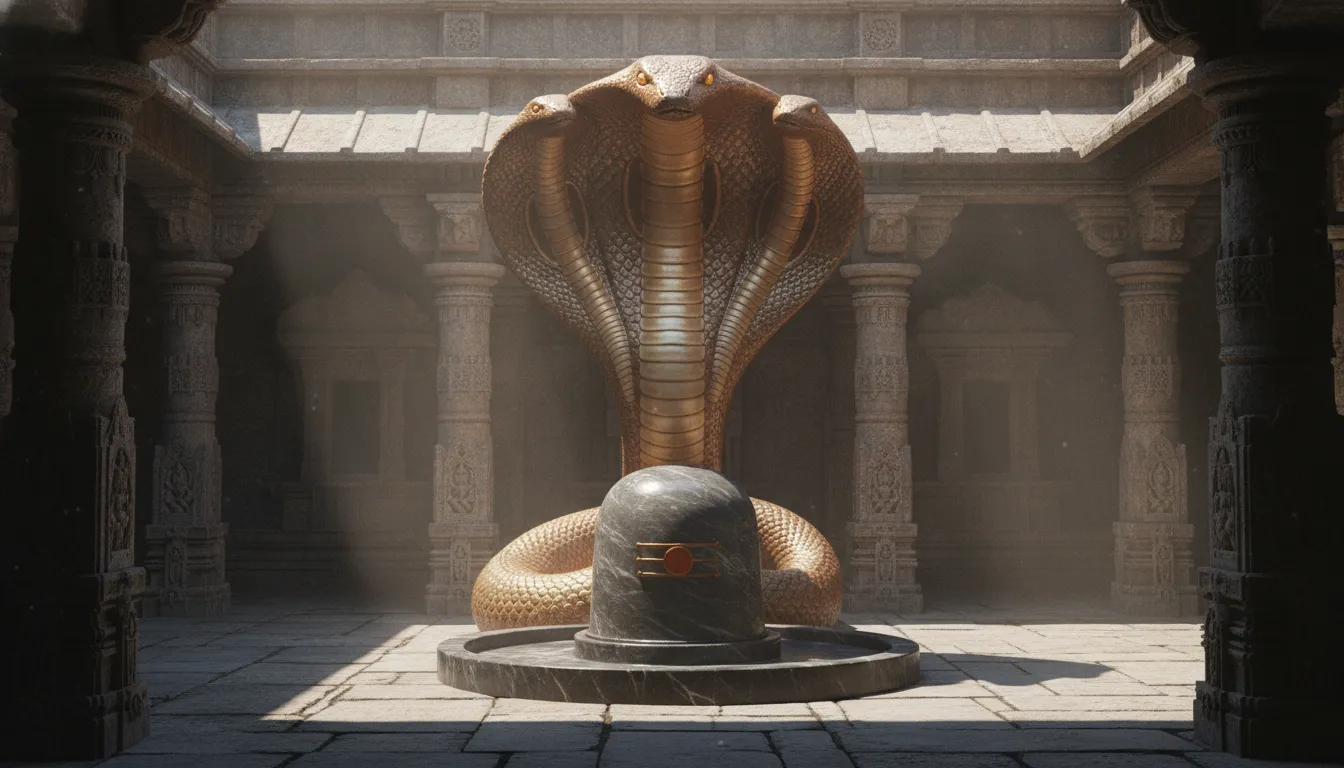 Dark marble shivling sheltered underneath the protective five hoods of a metallic golden serpent snake.