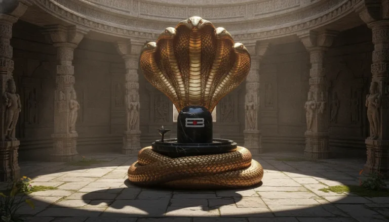 Dark marble shivling sheltered underneath the protective five hoods of a metallic golden serpent snake.