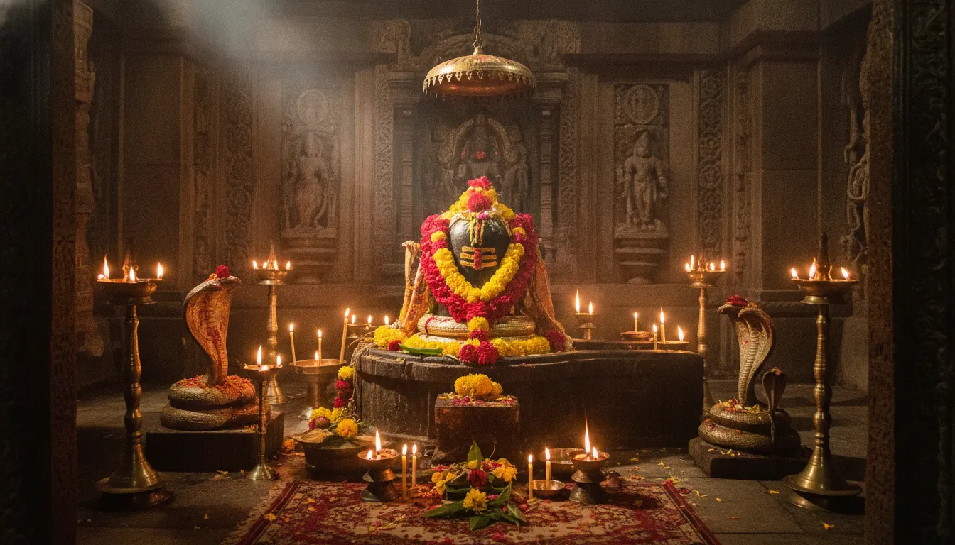 A peaceful photograph of a beautifully decorated temple shrine during Nag Panchami, bathed in soft candlelight, featuring a central Shivalinga and intricate snake sculptures.