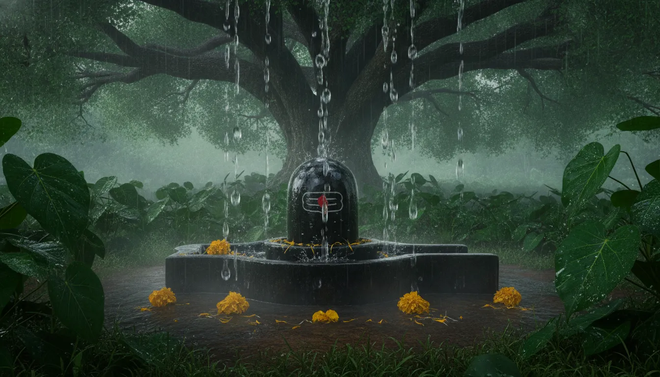 Nageshwar Shivling being washed by natural monsoon rain droplets.