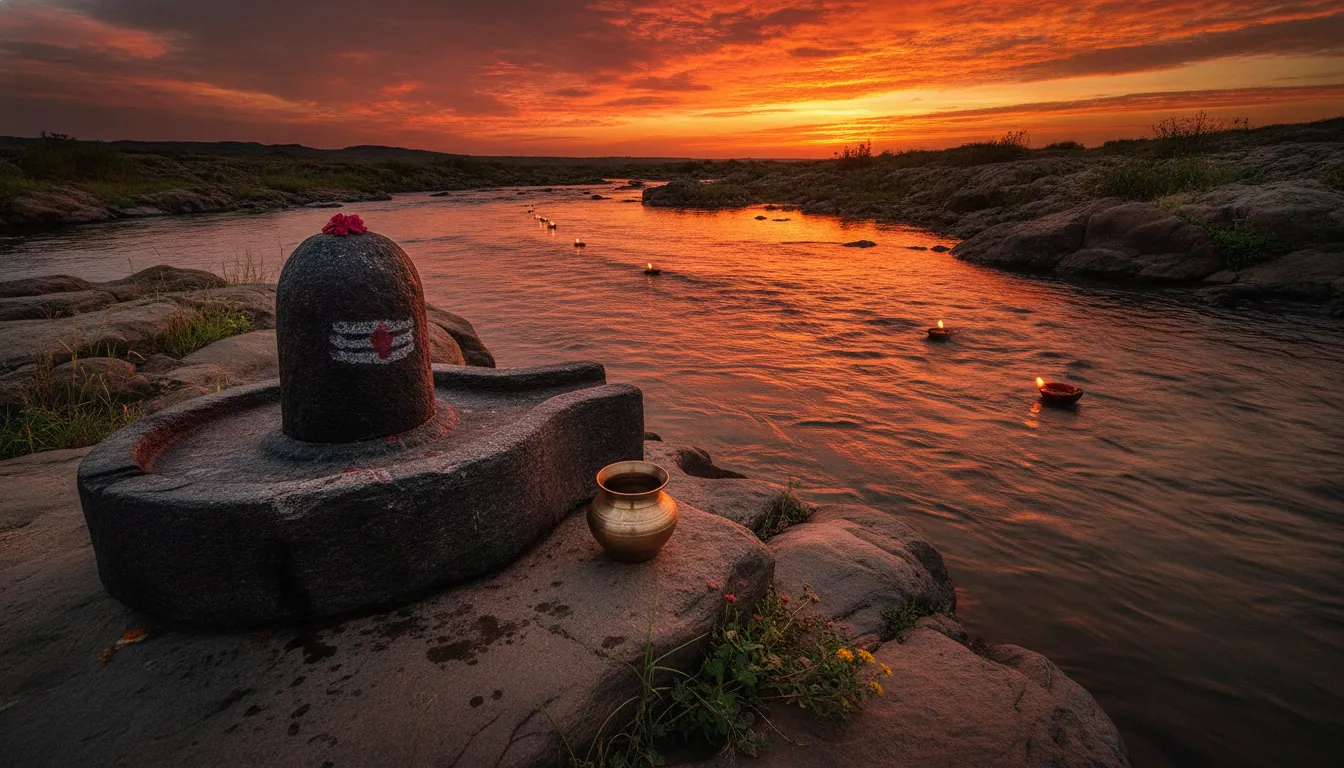 Stone Shivling near a flowing river during sunset time.