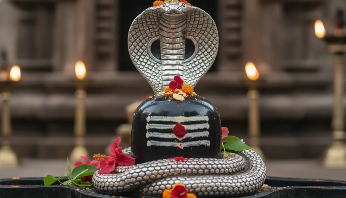 Close up of Nageshwar Shivling with a detailed silver snake decoration.