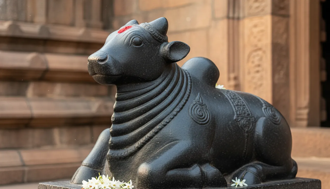 The beautifully carved ancient stone Nandi bull statue facing the temple sanctum at Sudh Mahadev.