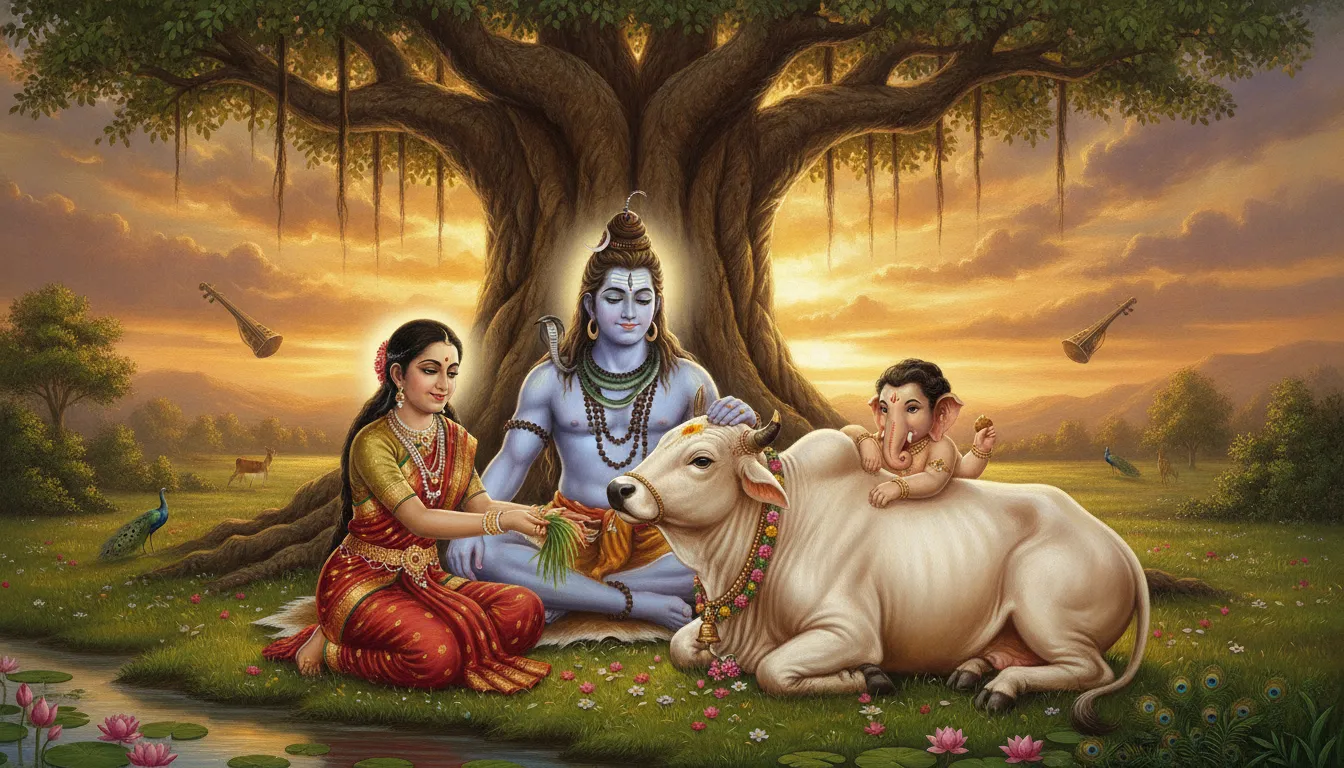 Nandi the sacred bull looking with devotion at Lord Shiva, Parvati, and Ganesha in a celestial garden.