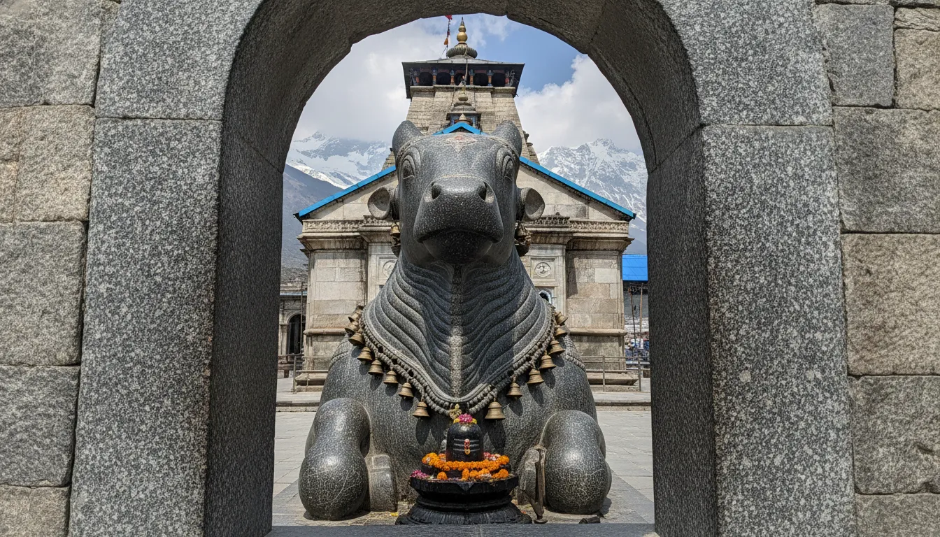 Kedarnath shivling hd images featuring the large brass Nandi statue guarding the temple entrance.