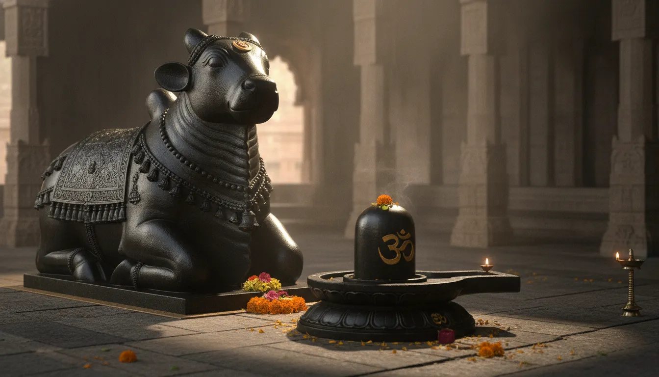 A side-view photograph of a black stone statue of Nandi the bull sitting patiently and facing a decorated Shivling, which has an Om symbol clearly visible on its base, all inside a traditional temple mandapam.