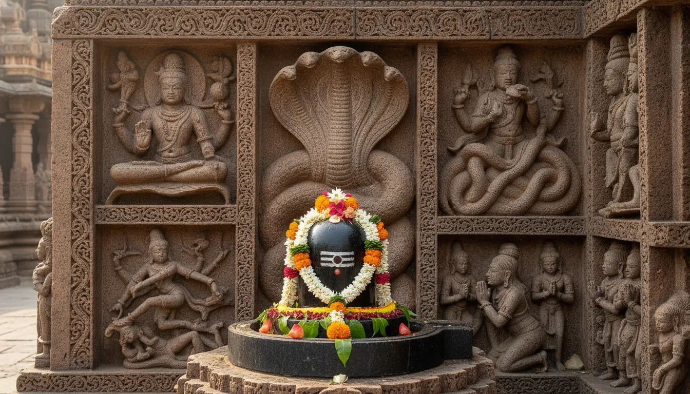 A detailed photograph of intricate temple carvings depicting various stories and legends related to Lord Shiva and the nagas, including a central Shivalinga, as part of the decorative facade during Nag Panchami celebrations.