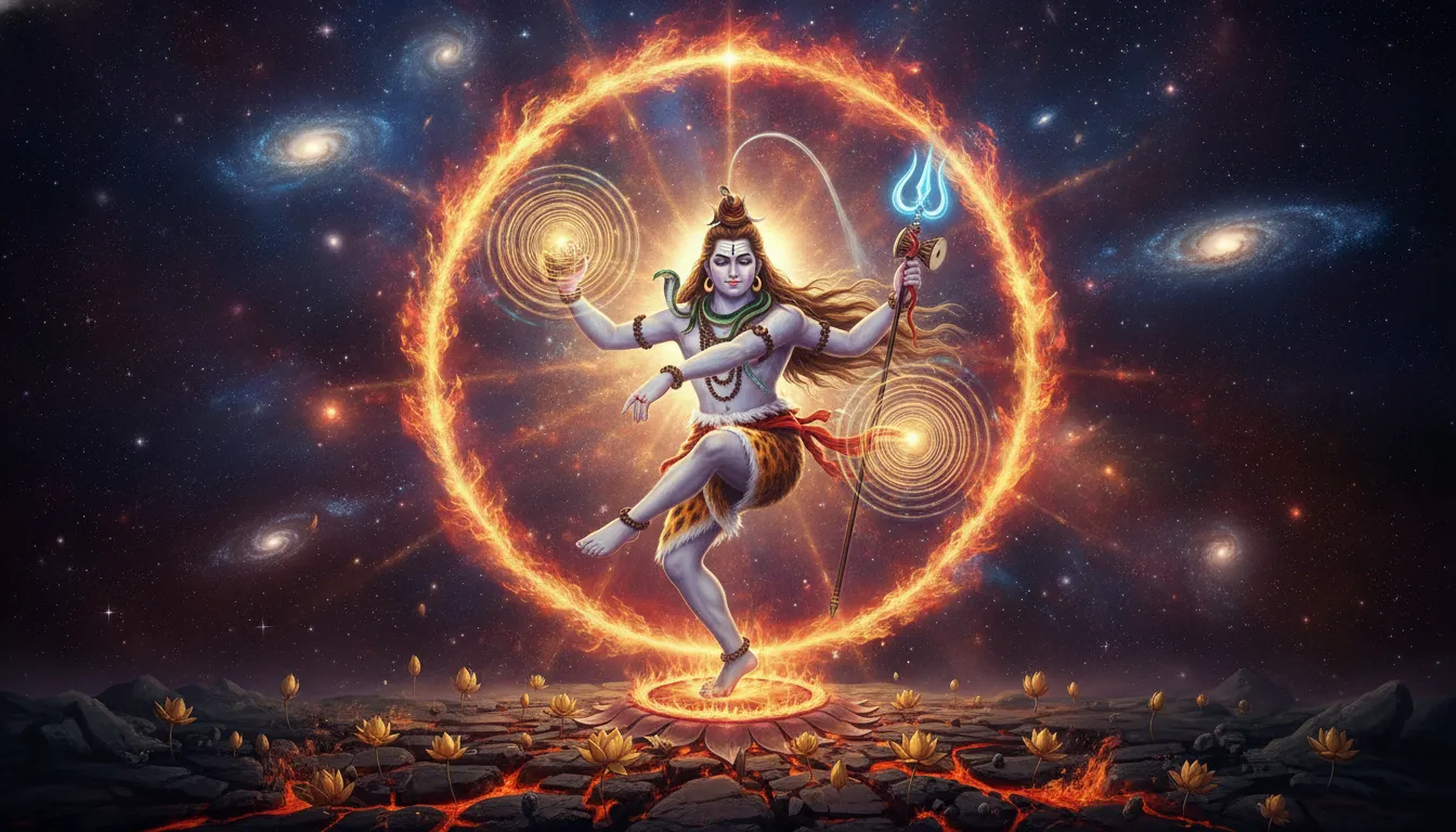 Lord Shiva performing the energetic cosmic Tandava dance surrounded by a ring of cosmic fire.