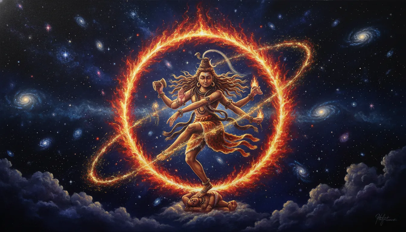 Lord Shiva as Nataraja dancing inside a ring of cosmic fire and golden stellar sparks.