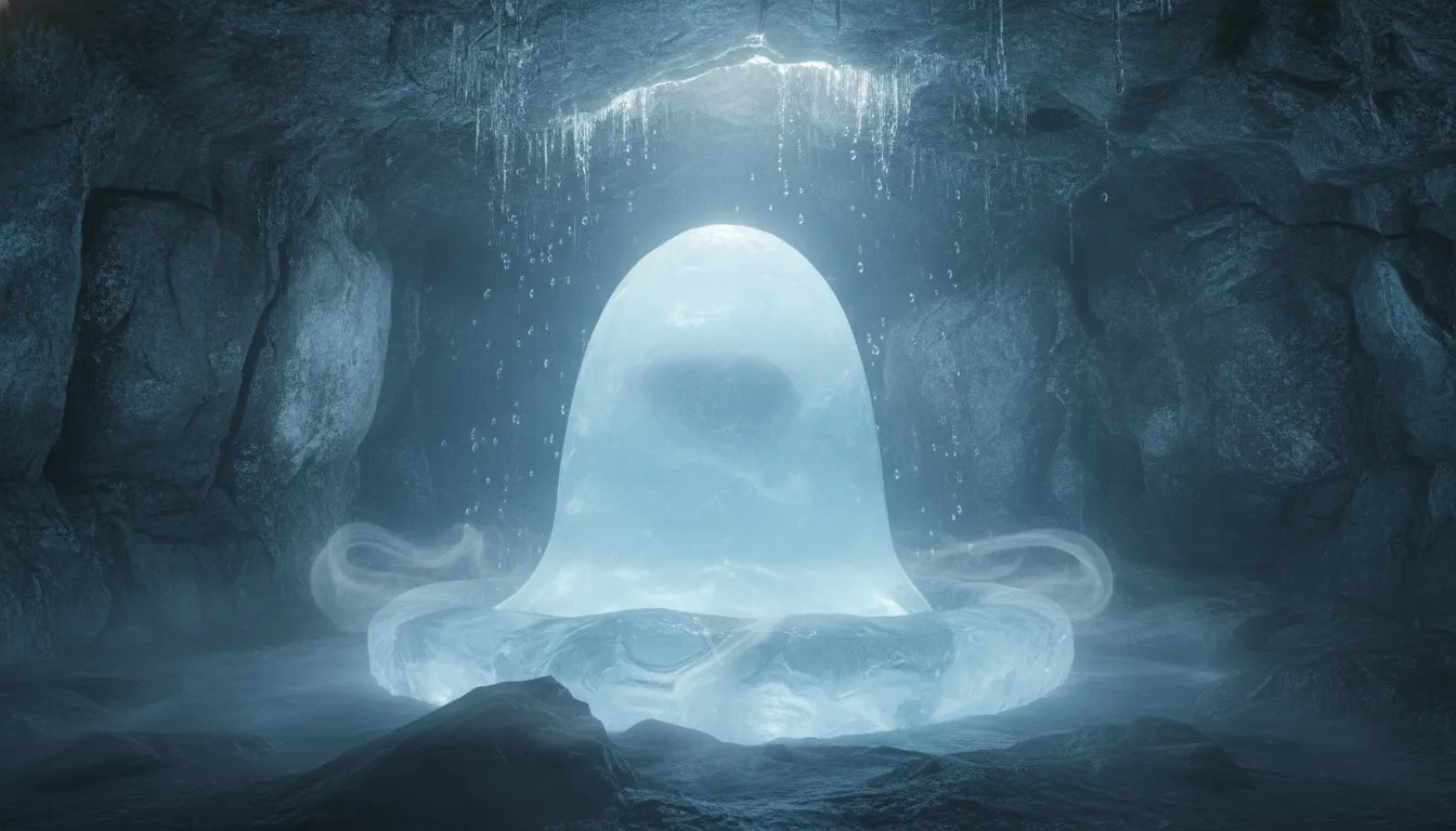Natural ice stalagmite formation of Shivling inside the holy Amarnath cave structure.