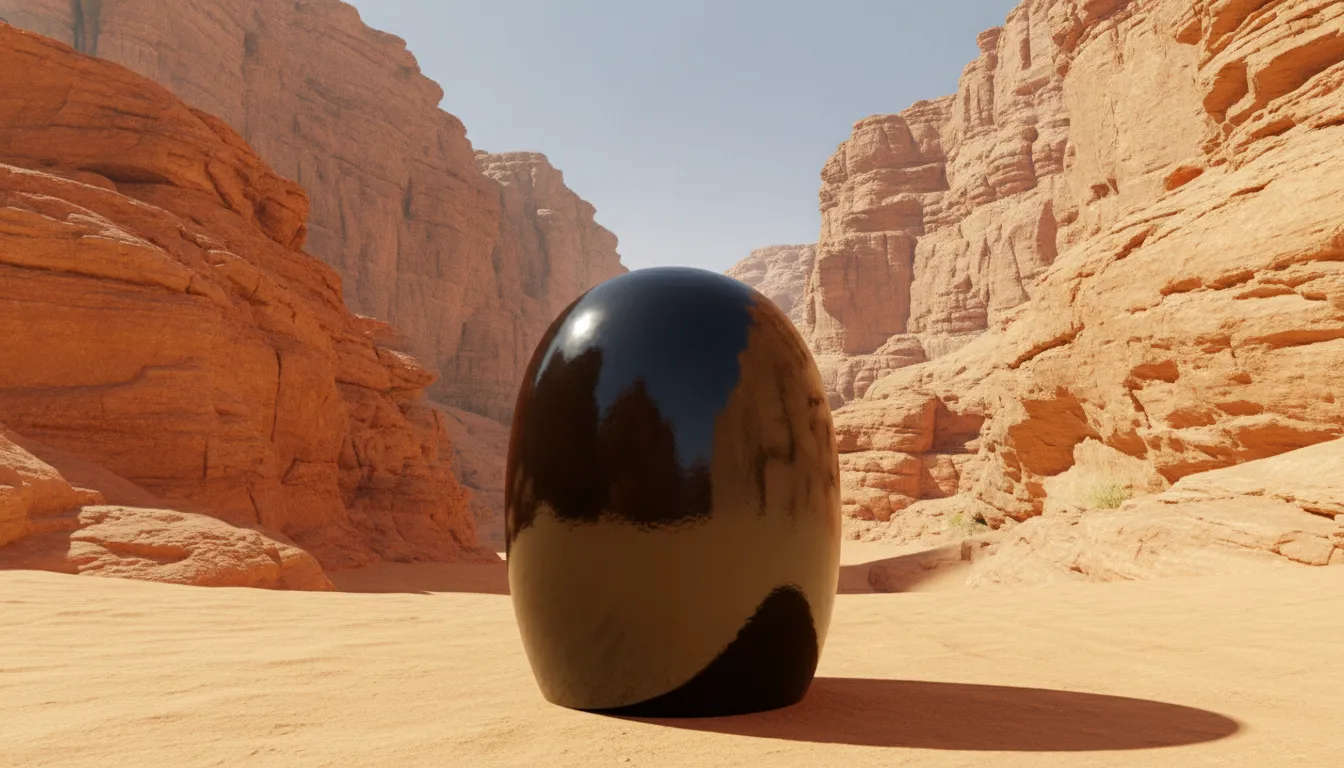 Natural shiny black basalt stone shivling standing in a peaceful desert oasis