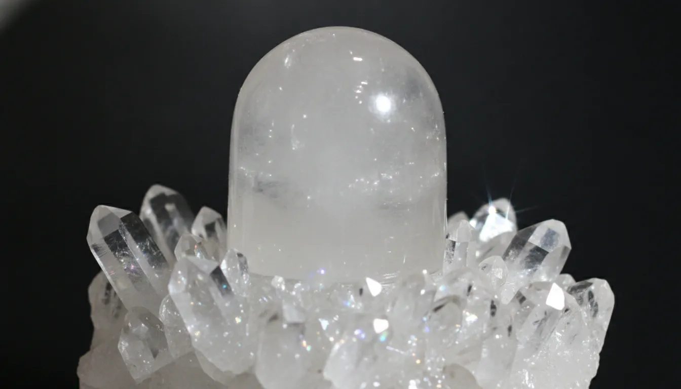Natural crystal quartz shivling glowing with translucent mineral points