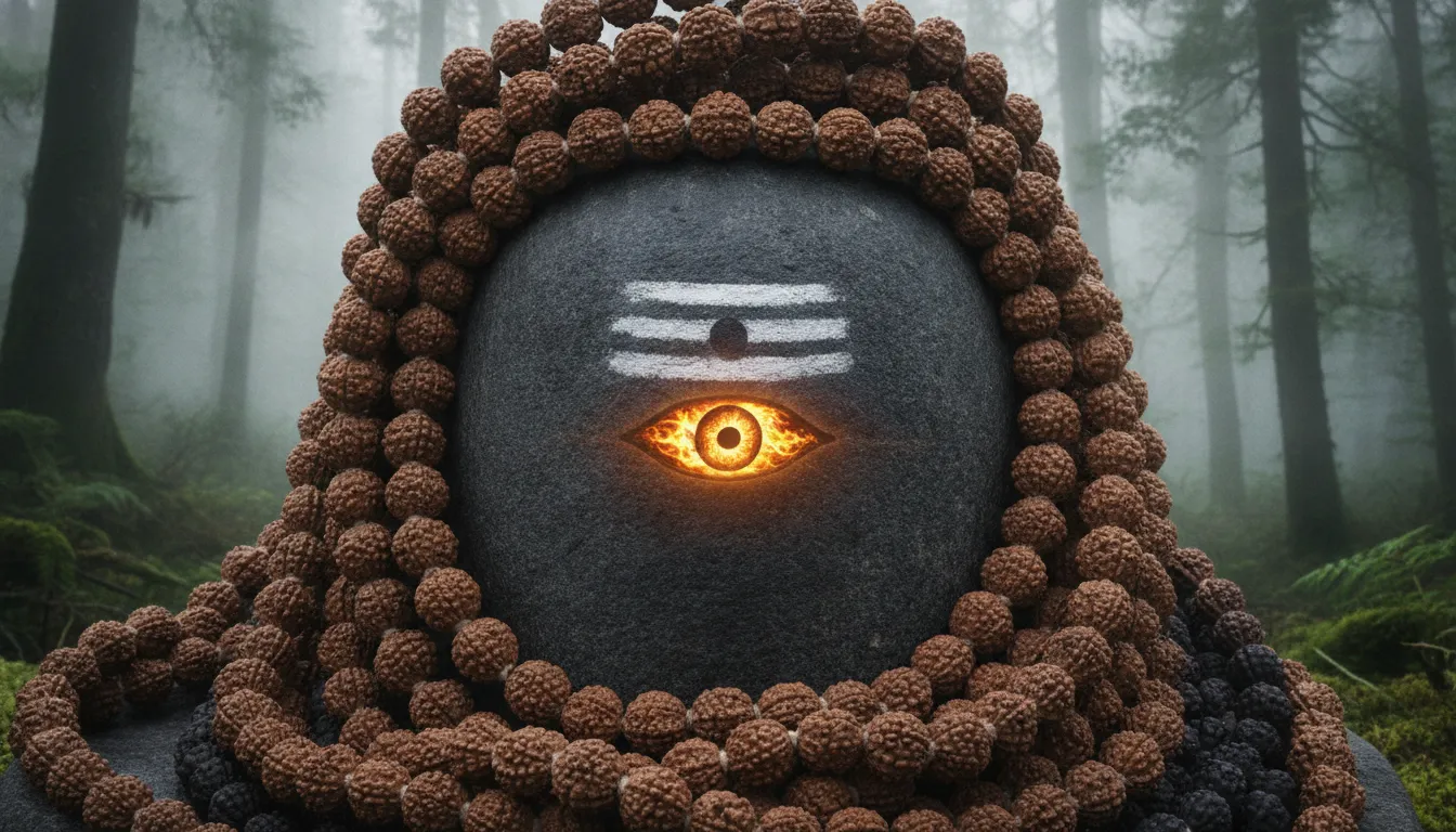 Nature based open eye images of shivling adorned with rudraksha beads.