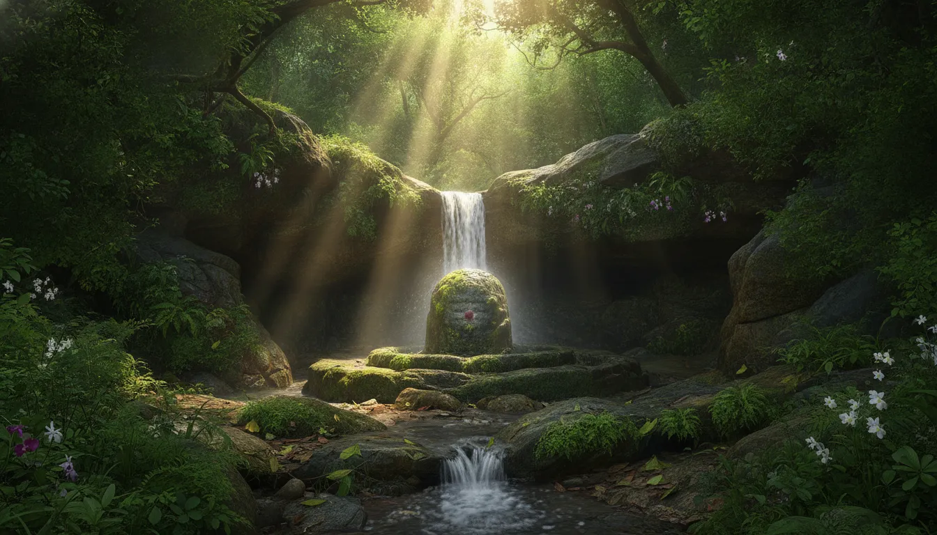 Naturally formed stone Shivling inside a green forest waterfall cave
