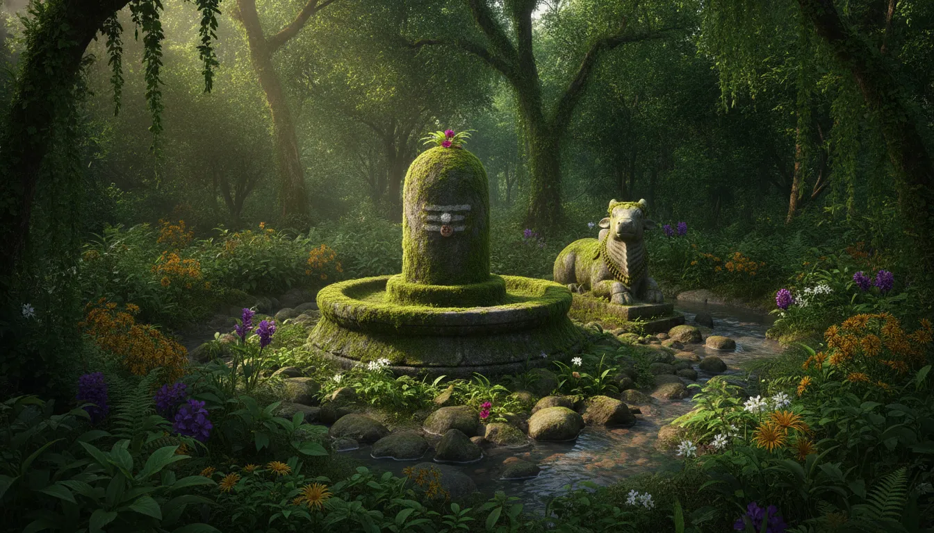 Natural forest temple setting Lord Shivling with Nandi HD image surrounded by flora.
