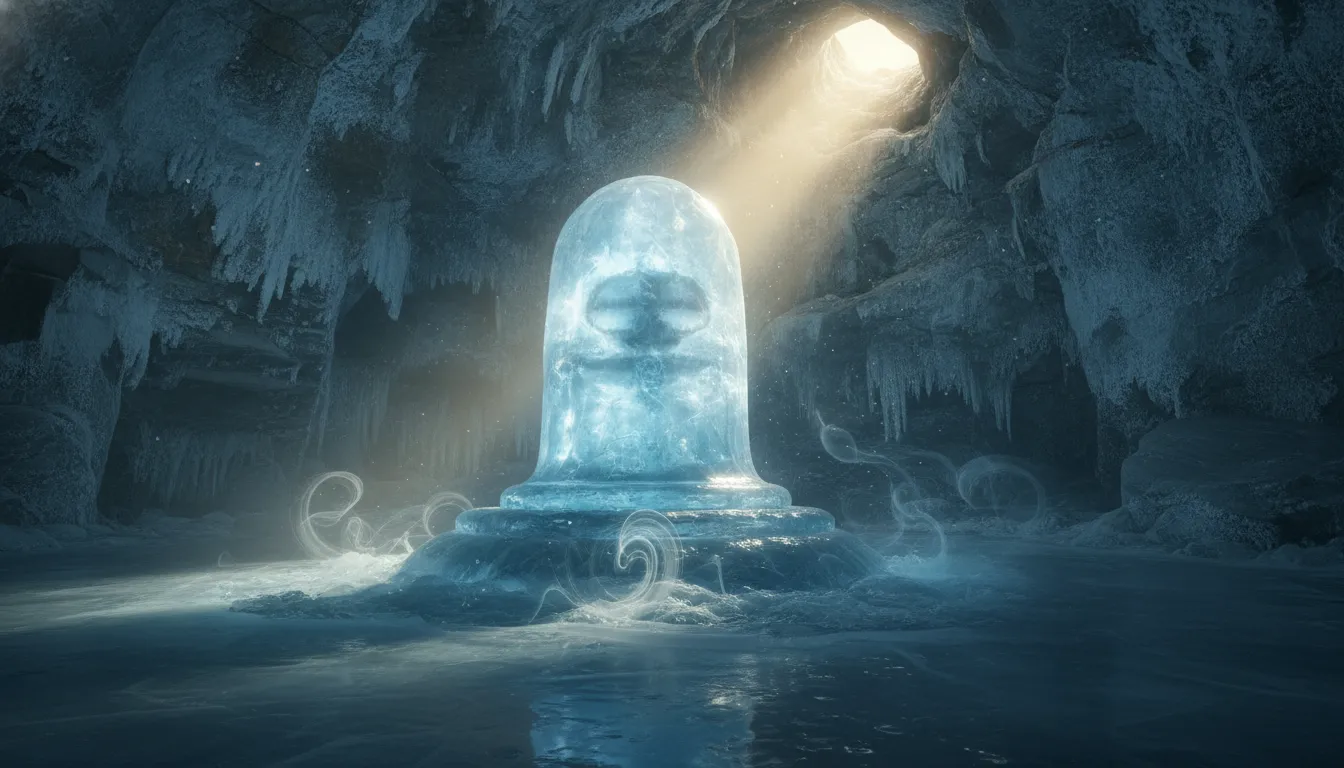 Lord Shiva ice lingam deep inside a Himalayan cave inspired by Amarnath.