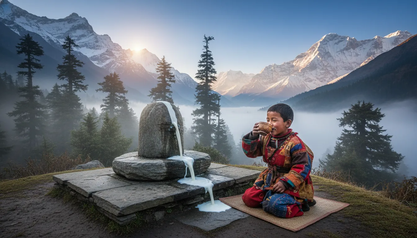 A natural stone Shivling located in a mountain shrine with milk flowing smoothly as a young child drinks it.