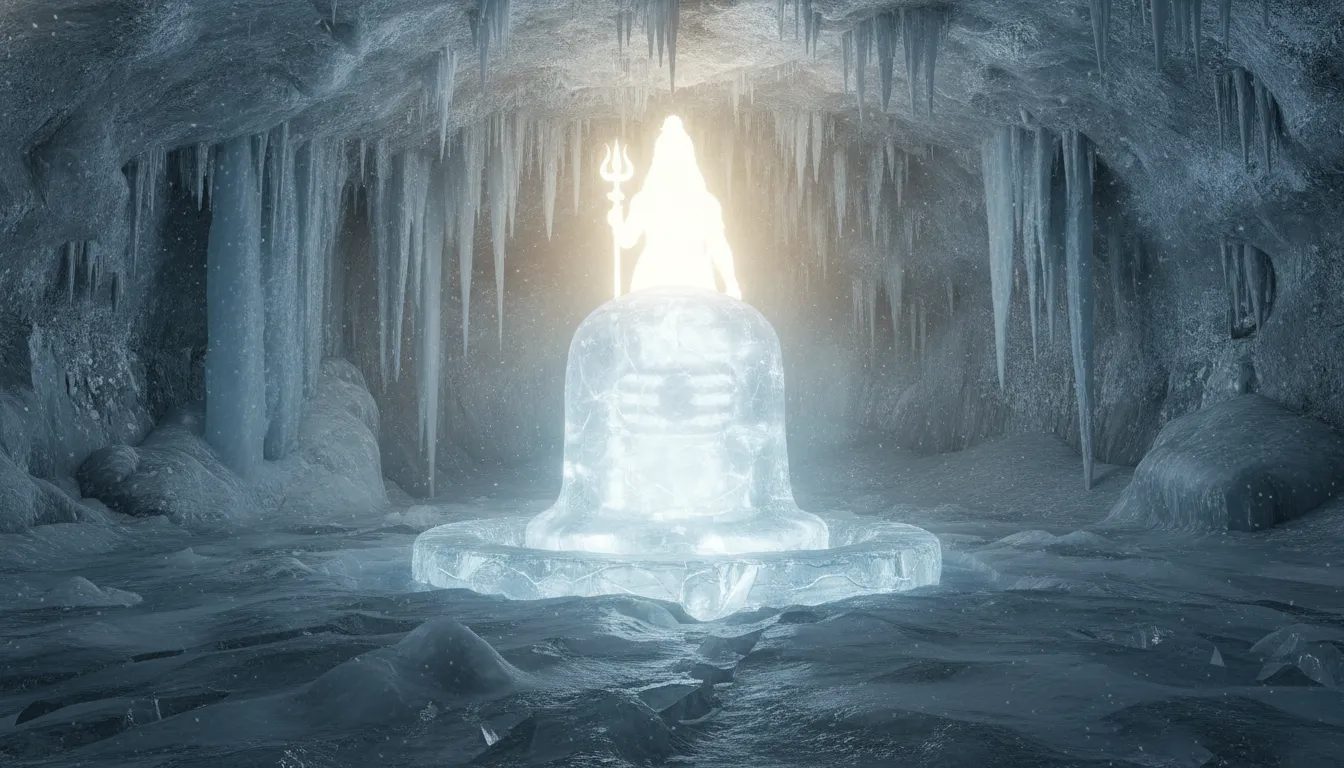 A detailed majestic ice Shivling inside the holy Amarnath cave with a glowing divine silhouette of Lord Shiva.