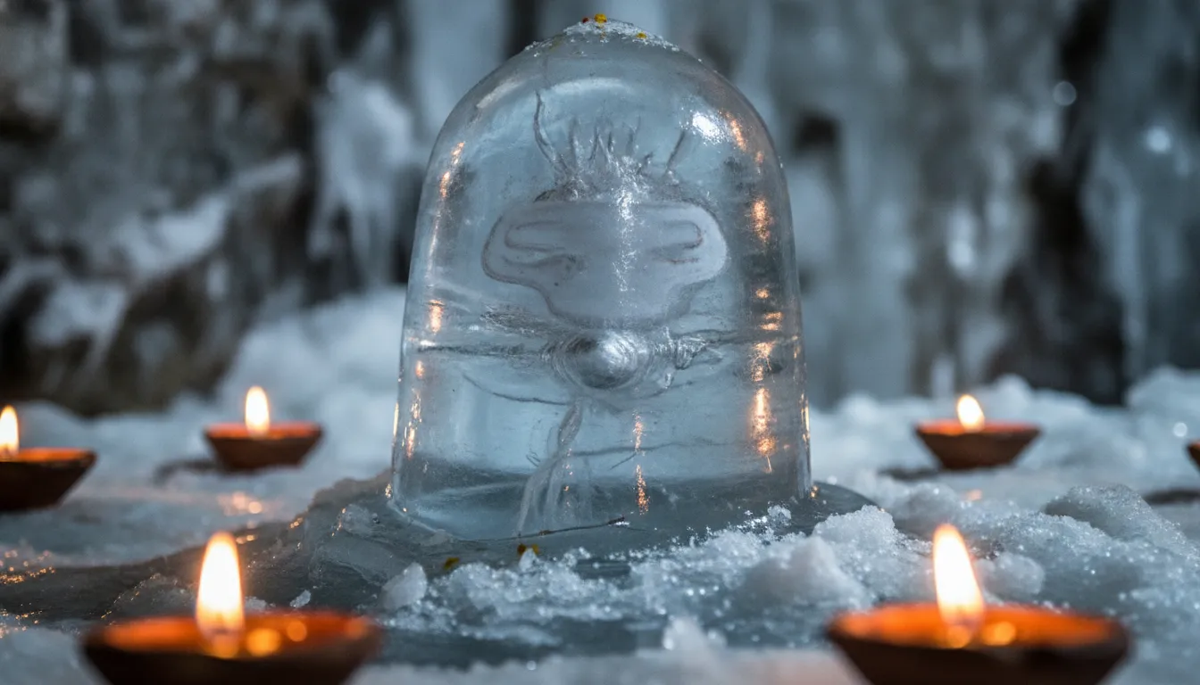 High-resolution famous white shivling of ice images focusing on the smooth texture of the frozen stalagmite.