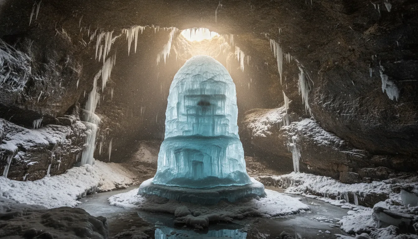 A natural ice shivling formed inside the rocky holy Amarnath cave with glowing divine light.