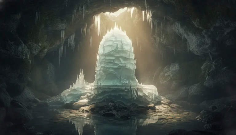 A naturally formed towering ice Shivling stalagmite inside a sacred mountain cave representing Lord Shiva.