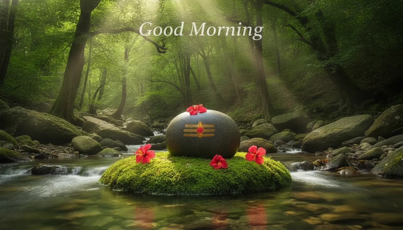 A beautiful natural Narmada Shivling nestled among mossy rocks in a pristine forest stream, creating a refreshing good morning image with narmada shivling.