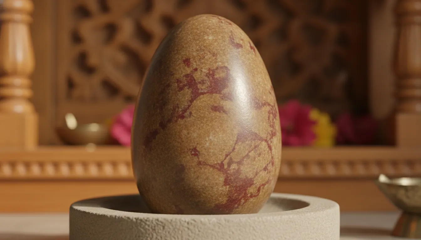 Natural smooth oval Narmadeshwar Shivling stone with unique red patches and patterns.