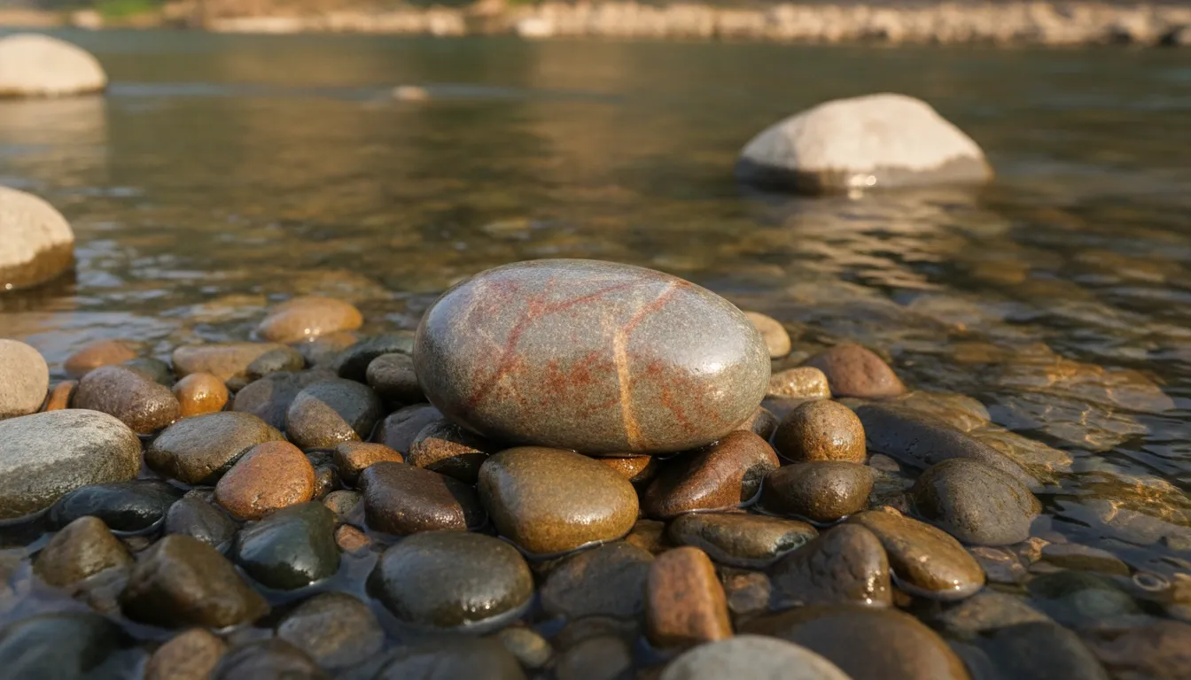 Smooth natural Narmadeshwar stone Shivling resting on wet river pebbles beside flowing water.