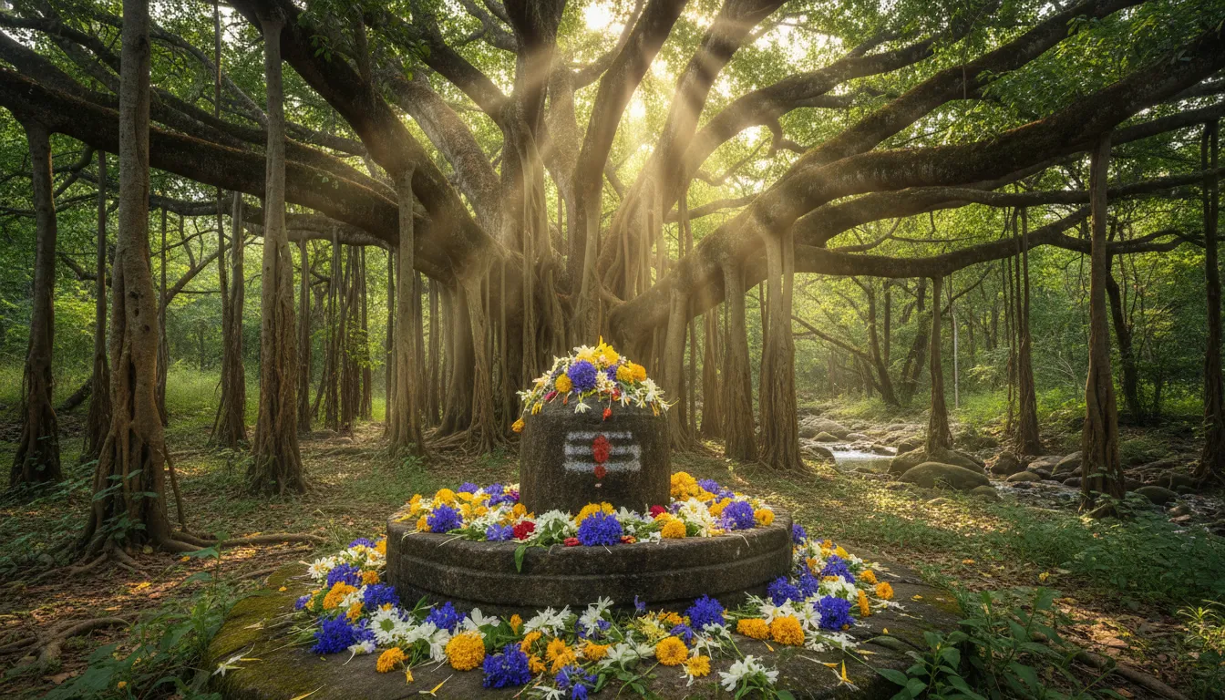 A natural stone shivling located outdoors under a tree, covered in fresh forest flowers.