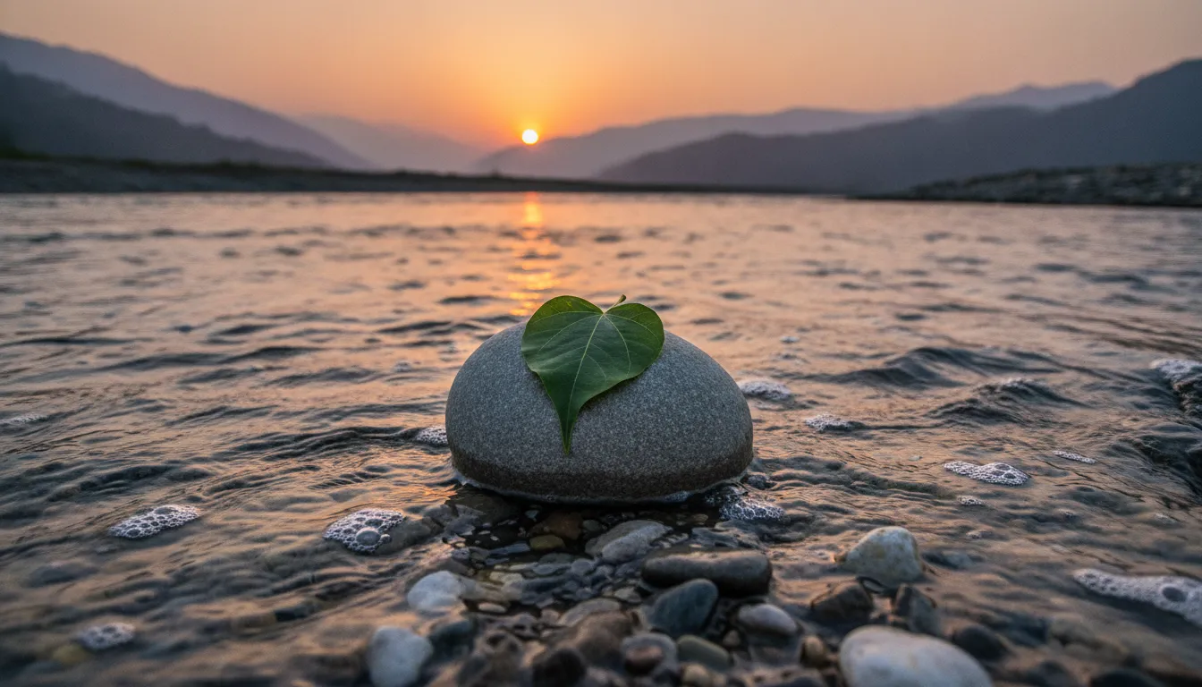 Zen style images of shivling in hd crafted from smooth river stones resting peacefully on the banks of a flowing clear river at sunset.