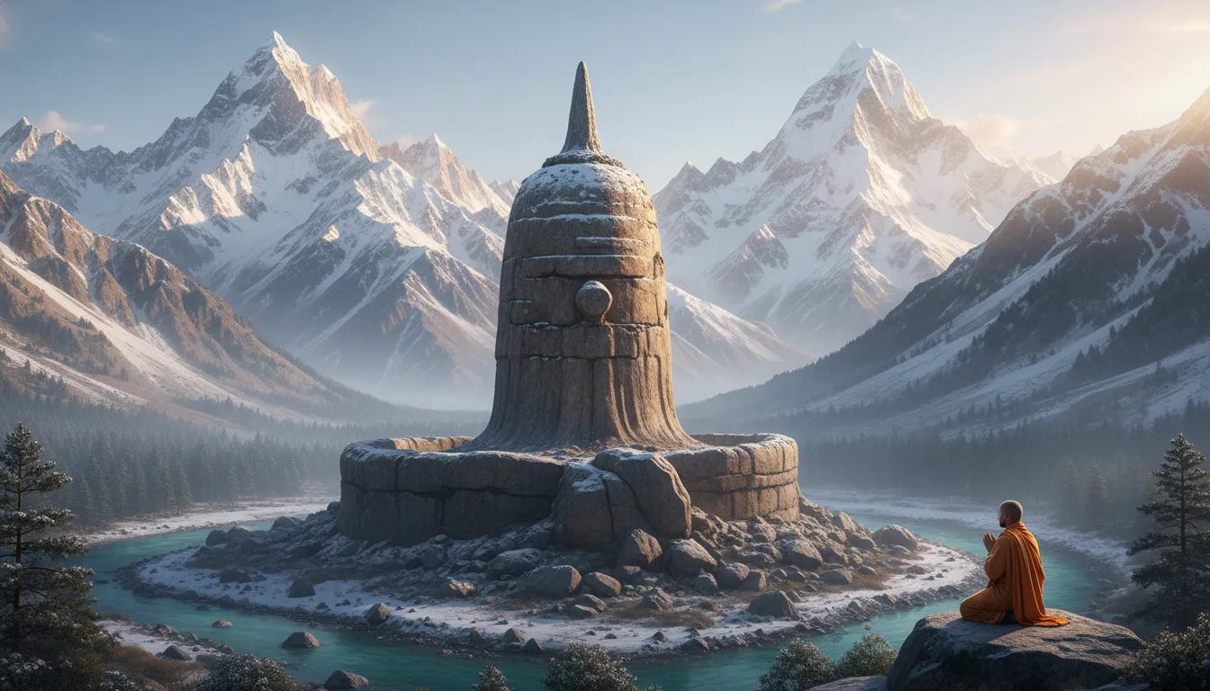 A massive natural rock Shivling standing tall against the snow-capped Himalayan peaks.