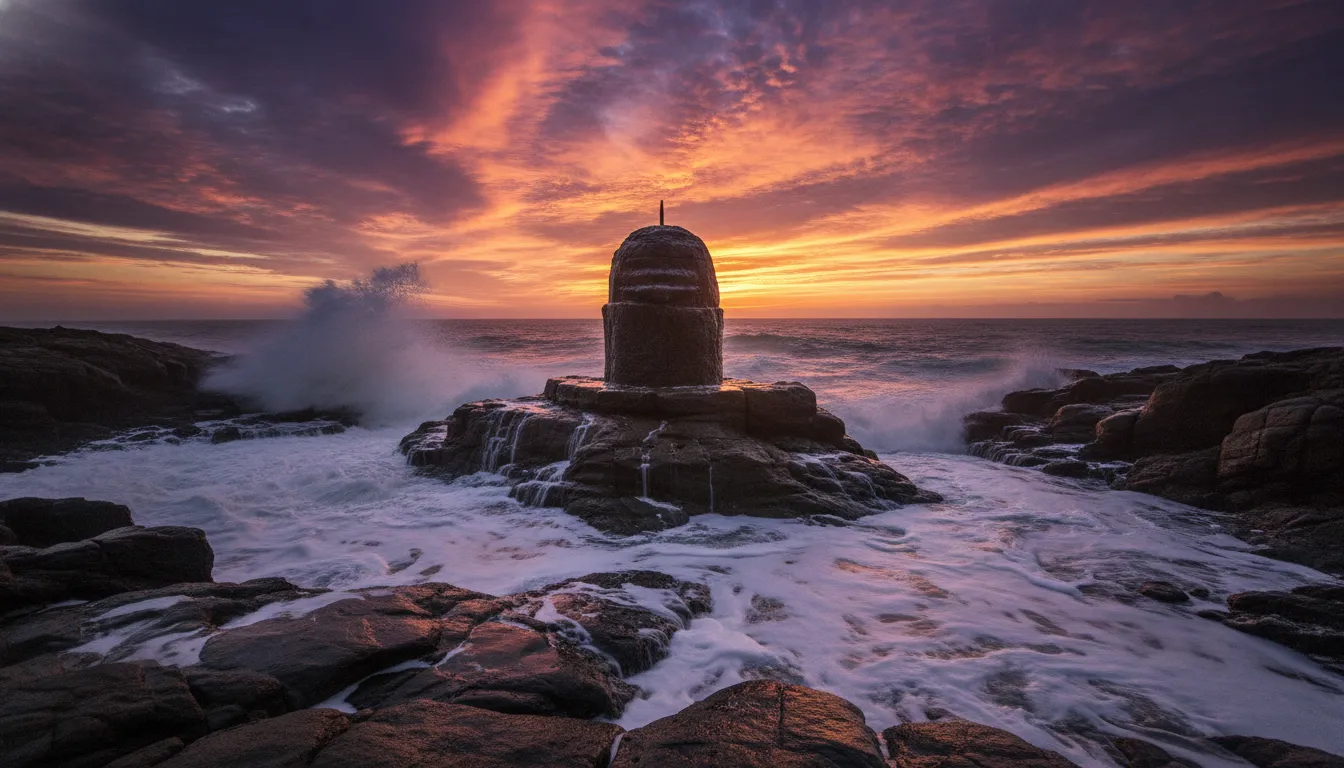Natural coastal rock shivling being washed by ocean waves during sunset