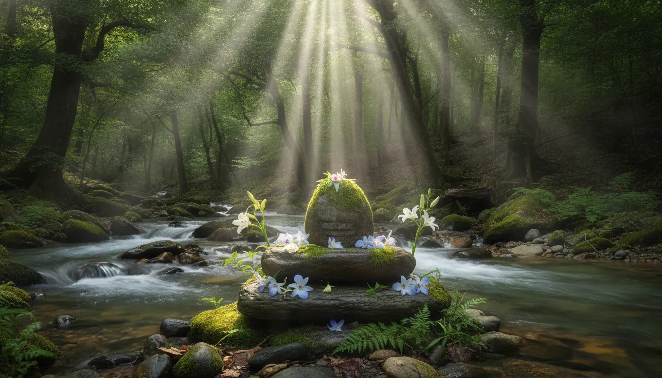 A natural stone Shivling located in a mountain stream surrounded by colorful Himalayan wild flowers.