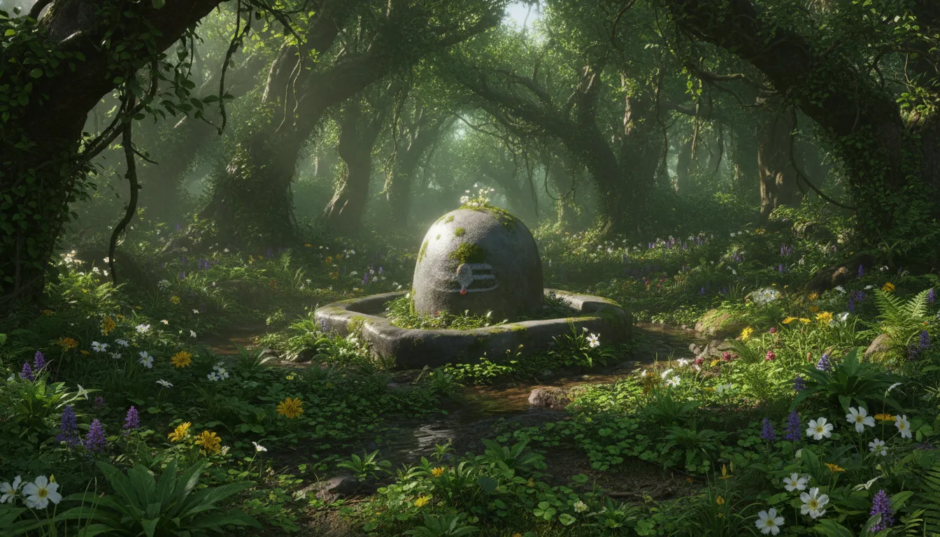 A natural stone Shivling covered in moss within a dense, green forest setting.