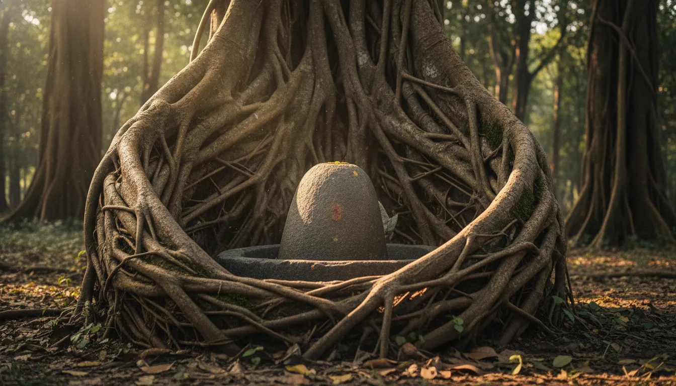 Natural stone shivling embedded inside the old roots of a banyan tree