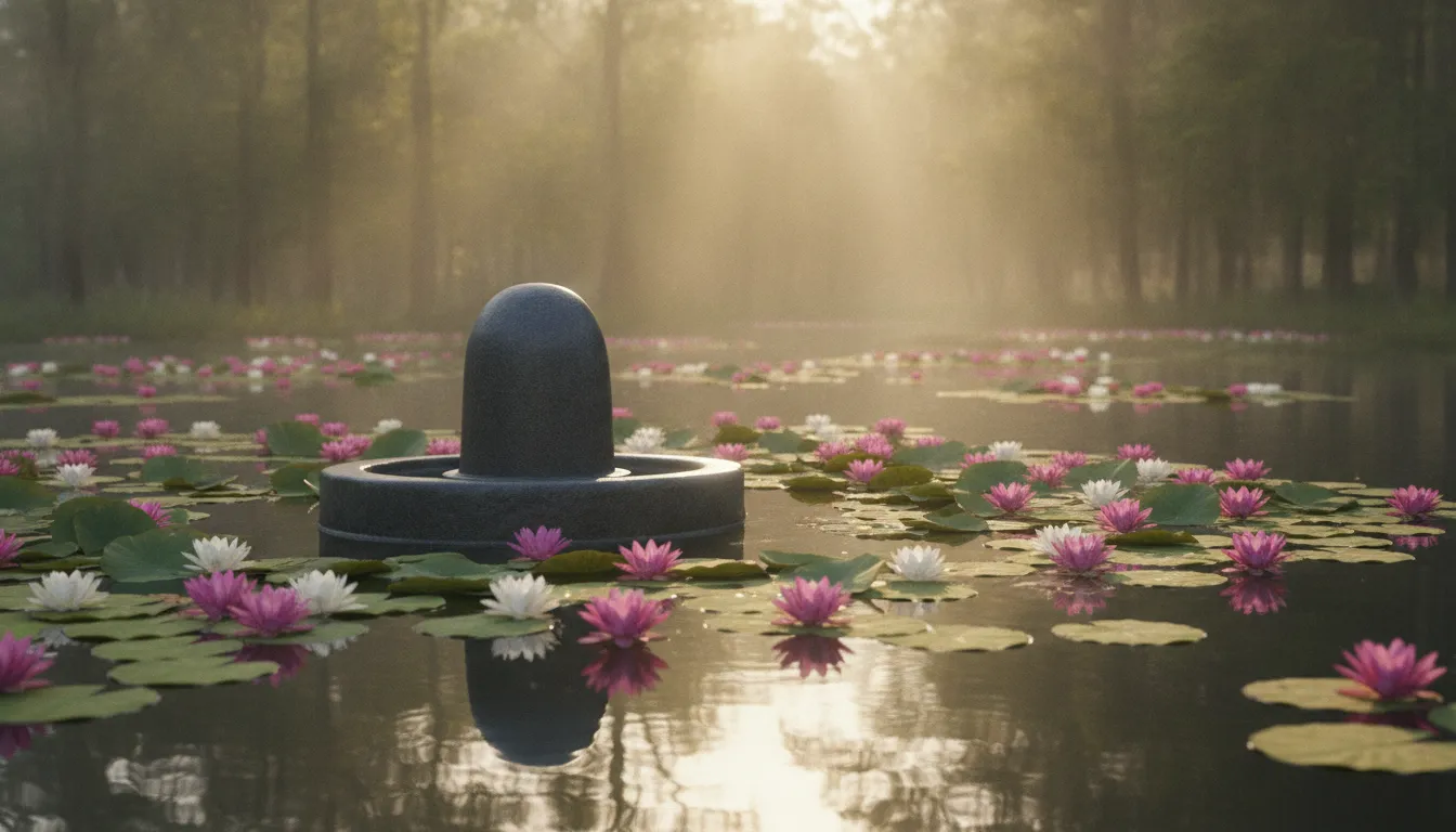 Smooth natural stone shivling rising from a pond filled with pink lotus flowers