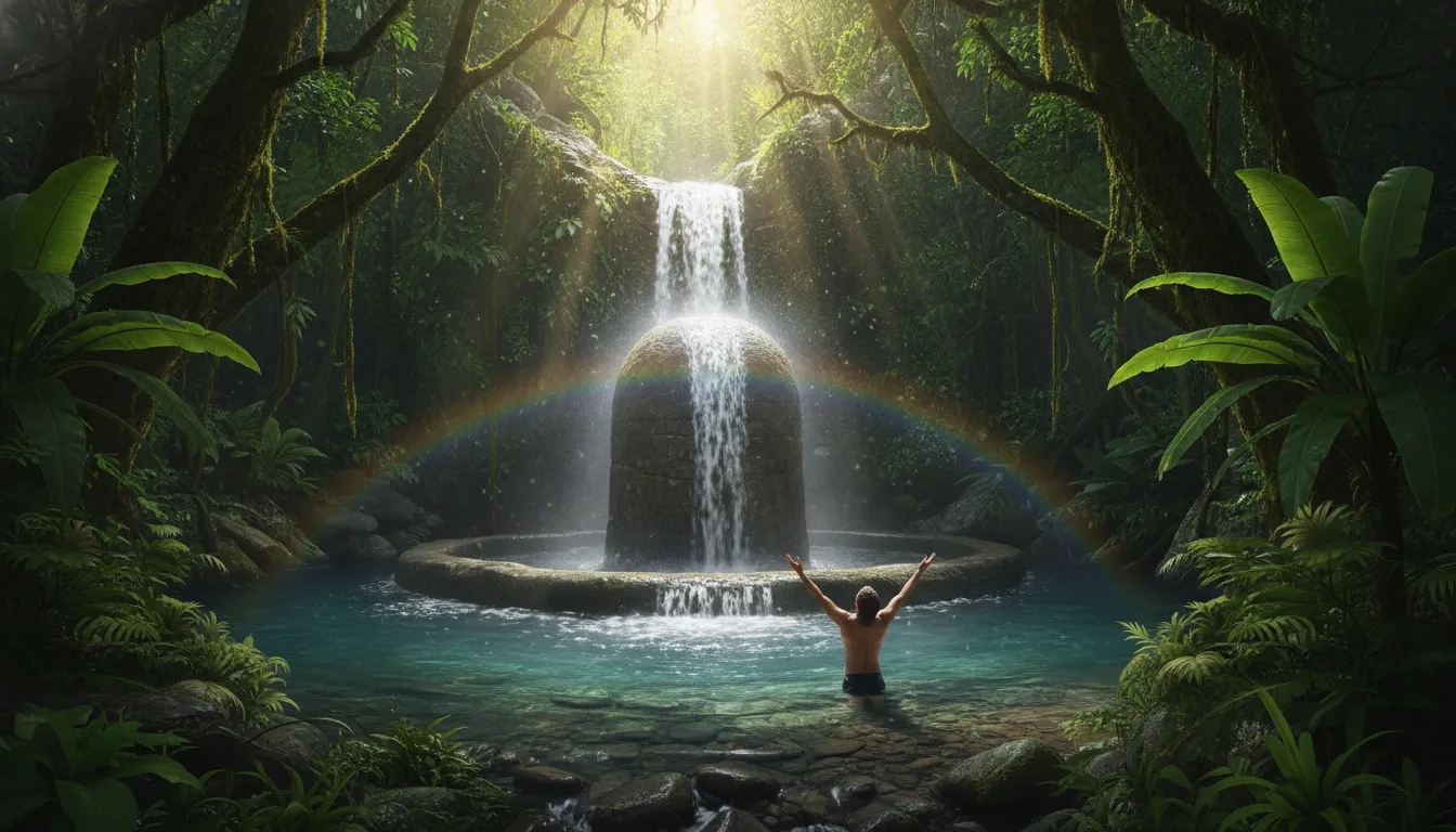 A powerful image of shivling in water with a person standing under a natural waterfall.