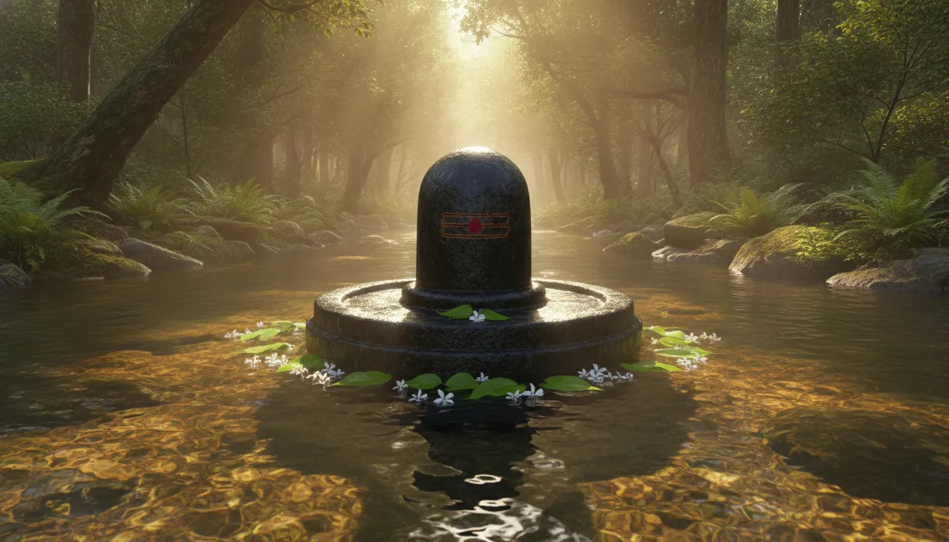 Mahakal shivling ki hd image crafted from dark natural stone situated inside a peaceful jungle river stream with green leaves.
