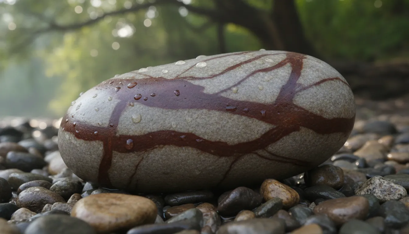 A smooth oval Narmadeshwar stone Shivling with natural reddish-brown patterns resting on wet pebbles.