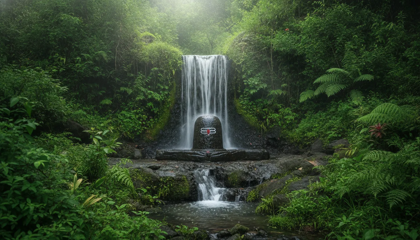Natural stone shivling getting continuous water abhishekam from a jungle waterfall