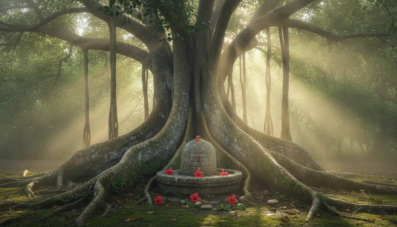 A natural stone image of shivling hd surrounded by green moss and fallen leaves under a banyan tree.
