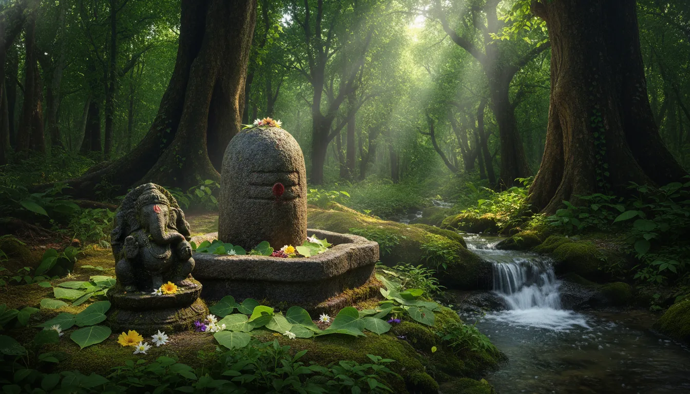 Natural full hd images of shivling with ganesha carved from stone in a green forest with sunbeams.