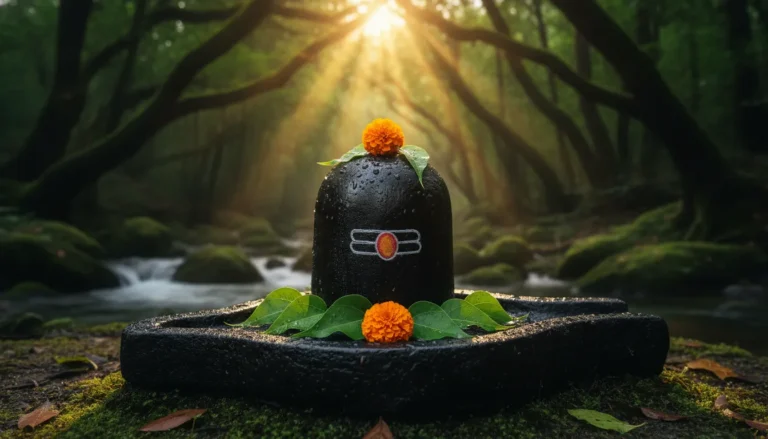 A nice shivling image in hd placed inside a peaceful green forest with sun rays.