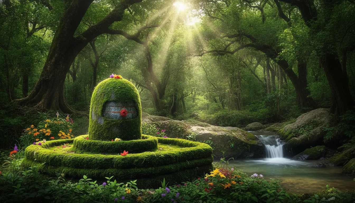 Ancient Shivling covered in moss inside a peaceful green forest with sunbeams.