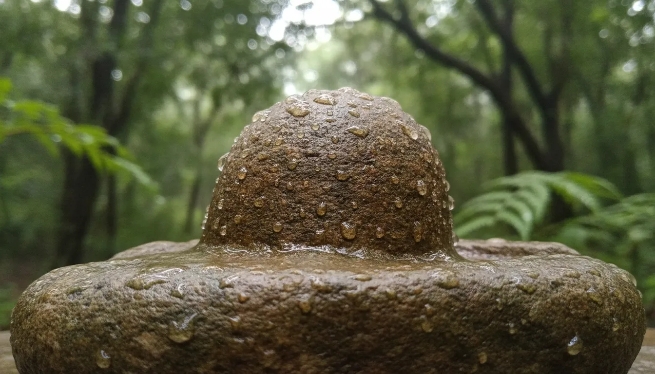 Close-up of a natural stone Shivling with fresh water droplets