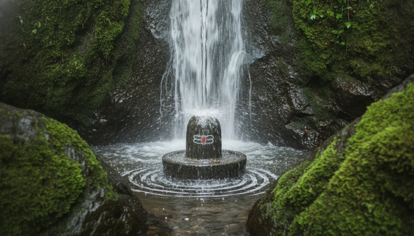 Heavy water stream falling naturally on the stone Shivling from the Bahubali movie scene