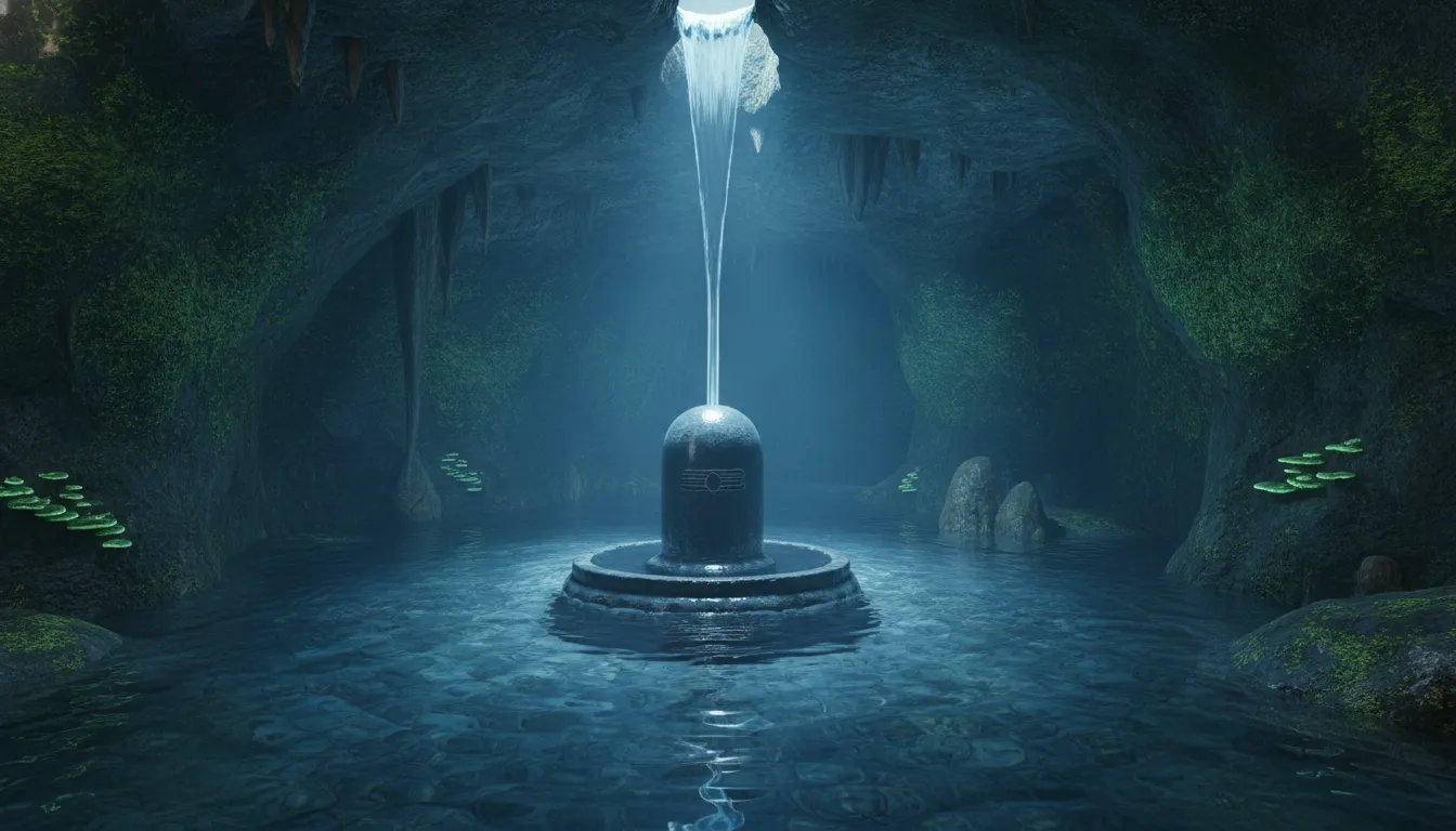 A natural stream of water cascading from a cave roof onto a sacred Shiva Lingam.