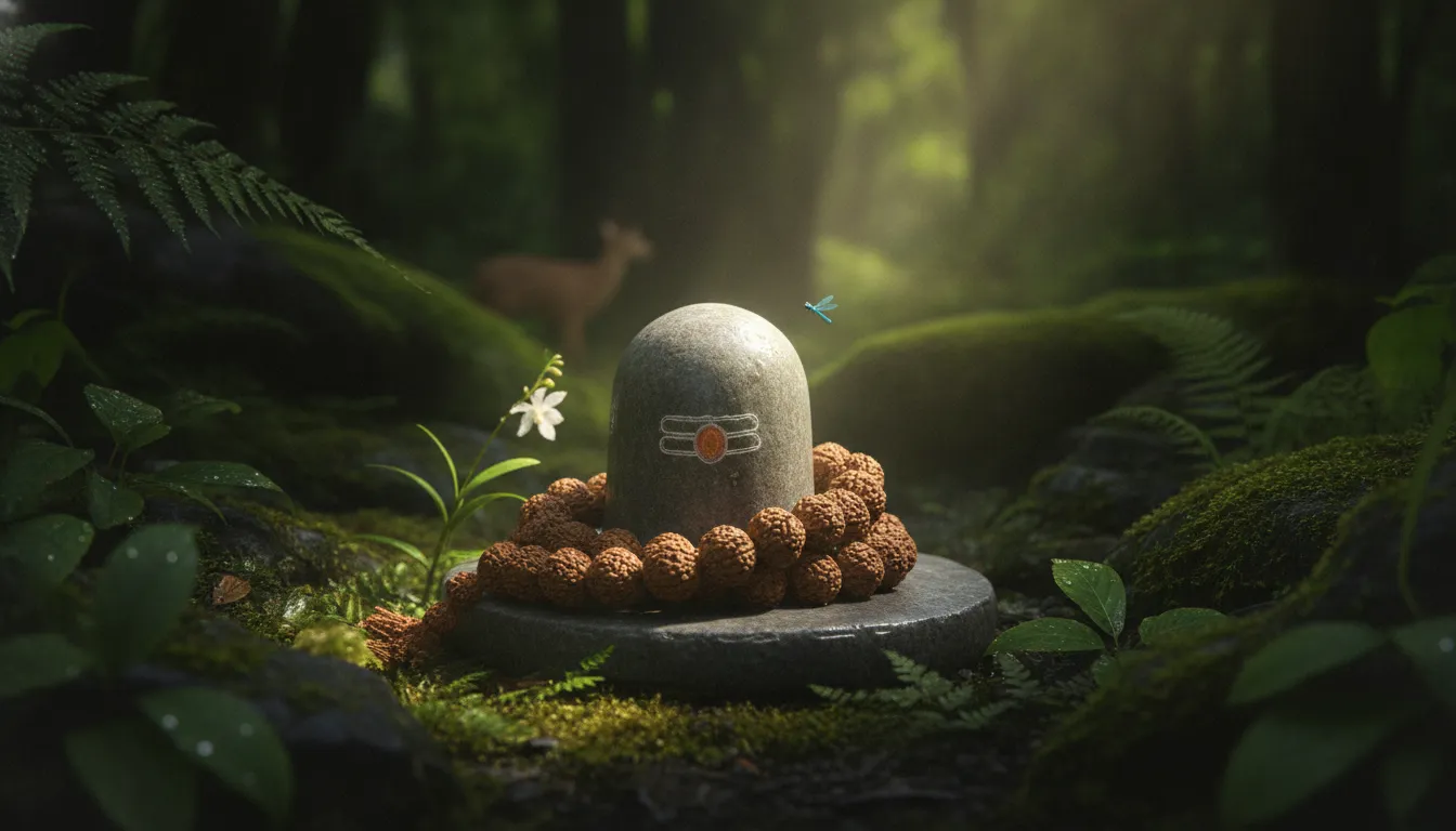 A natural stone Shivling wrapped in a Rudraksha mala against a lush dark moss green forest background