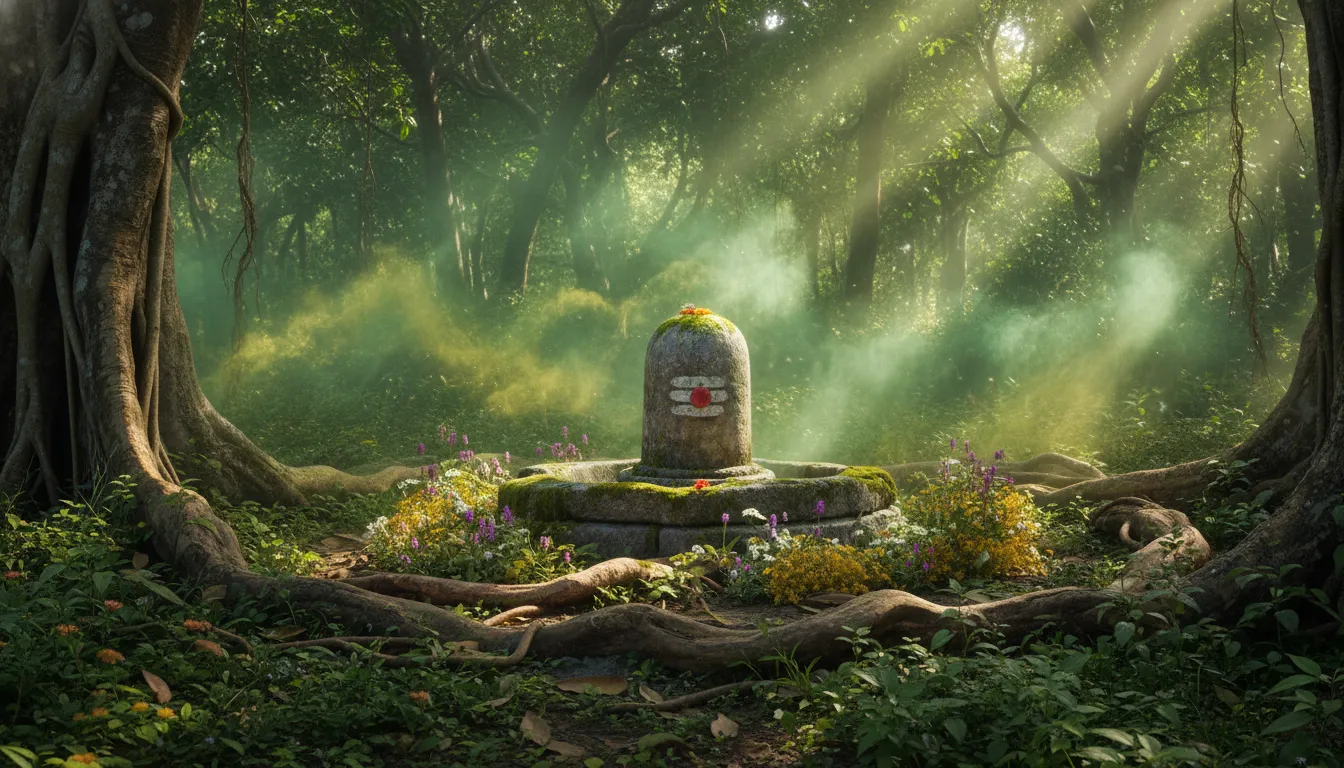 Lord Shivling HD image in a deep forest with green and yellow gulaal animation.