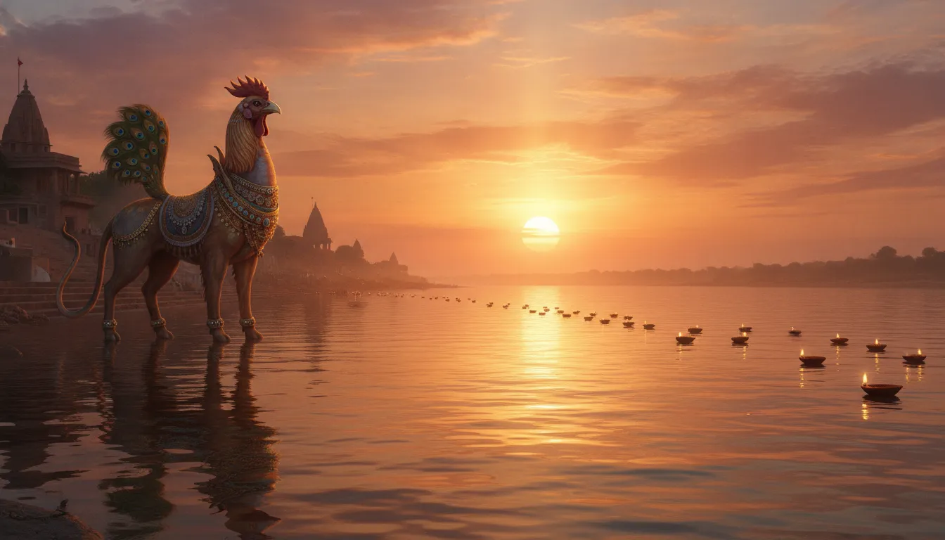 The mythical composite deity standing on the sacred banks of a glowing river at dusk.